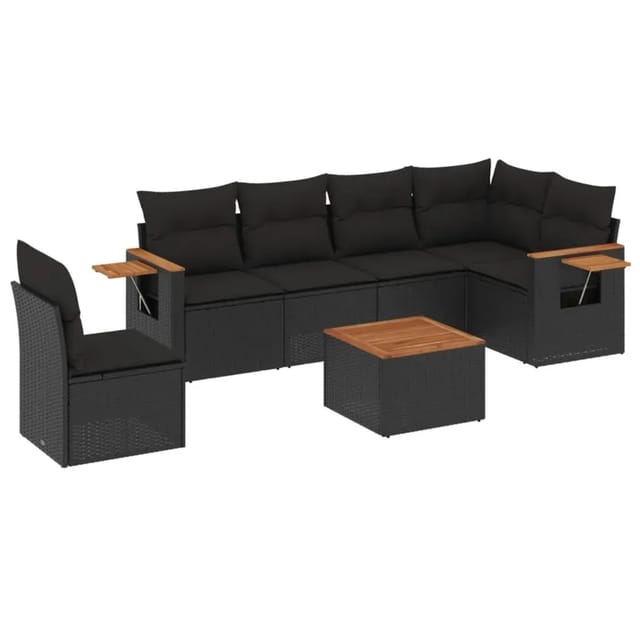 vidaXL 7-Tlg Garten-Sofagarnitur mit Kissen Schwarz Poly Rattan 3226860