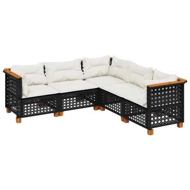 vidaXL 5-Tlg Garten-Sofagarnitur mit Kissen Schwarz Poly Rattan 3261824
