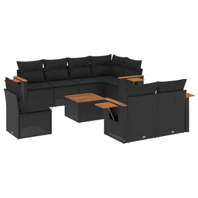 vidaXL 9-Tlg Garten-Sofagarnitur mit Kissen Schwarz Poly Rattan 3227007