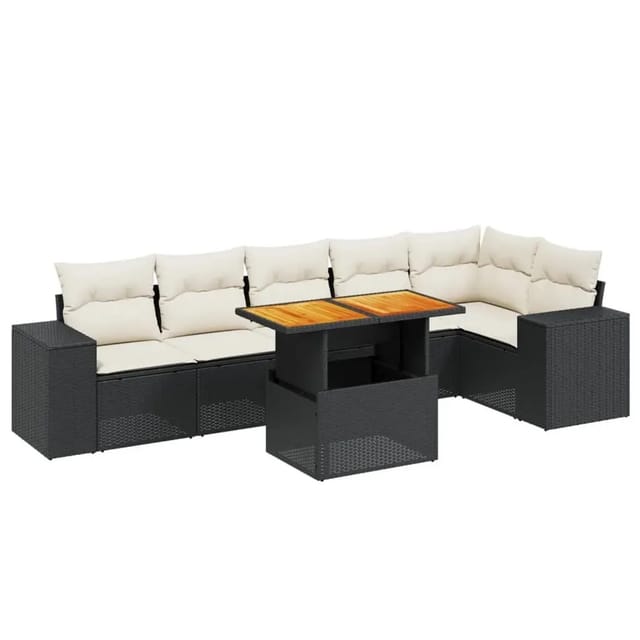 vidaXL 7-Tlg Garten-Sofagarnitur mit Kissen Schwarz Poly Rattan 3272645