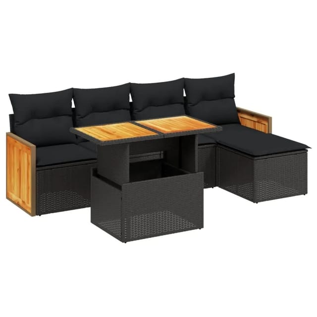 vidaXL 6-Tlg Garten-Sofagarnitur mit Kissen Schwarz Poly Rattan 3273932