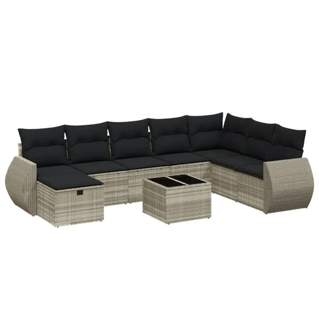 vidaXL 9-Tlg Garten-Sofagarnitur mit Kissen Hellgrau Poly Rattan 3264218