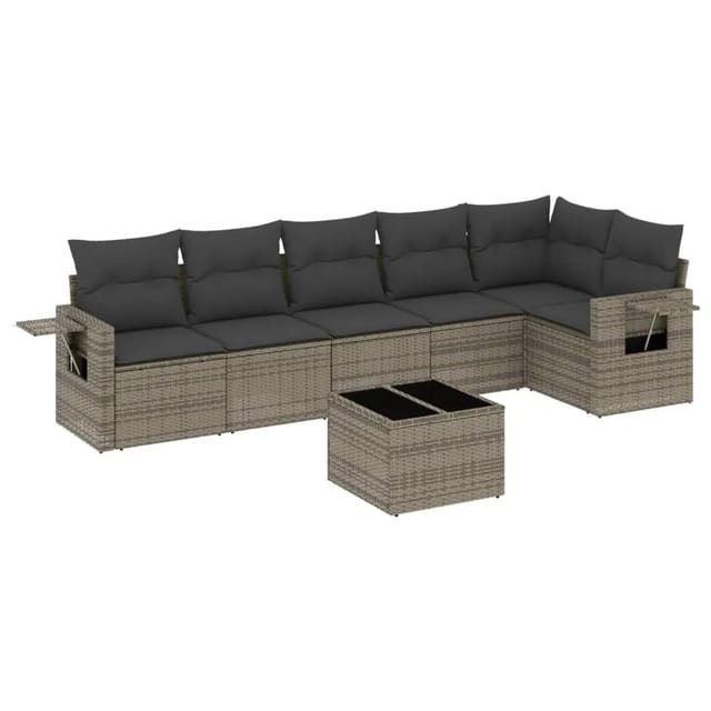vidaXL 7-Tlg Garten-Sofagarnitur mit Kissen Grau Poly Rattan 3220199