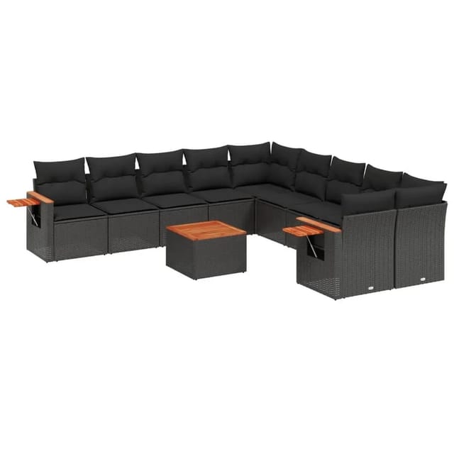 vidaXL 11-Tlg Garten-Sofagarnitur mit Kissen Schwarz Poly Rattan 3227196
