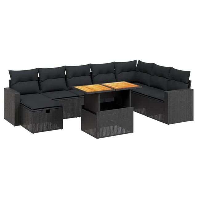 vidaXL 9-Tlg Garten-Sofagarnitur mit Kissen Schwarz Poly Rattan 3271447