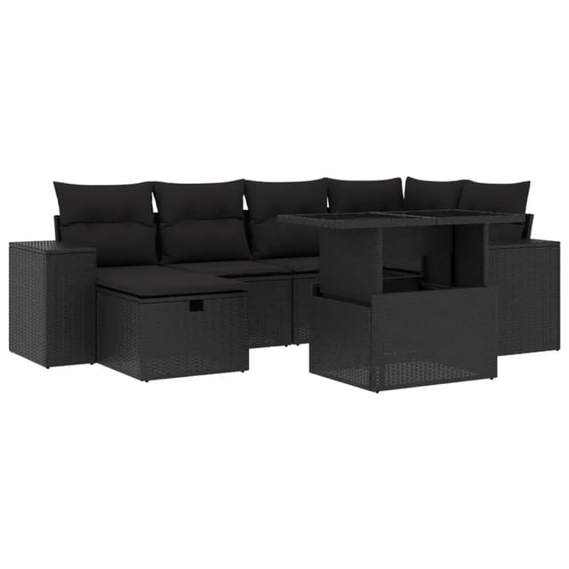 vidaXL 7-Tlg Garten-Sofagarnitur mit Kissen Schwarz Poly Rattan 3275295