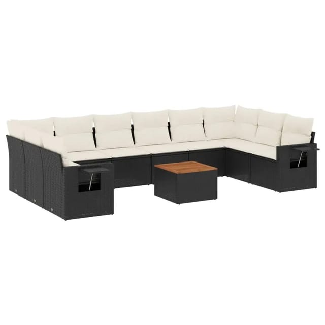 vidaXL 11-Tlg Garten-Sofagarnitur mit Kissen Schwarz Poly Rattan 3257064