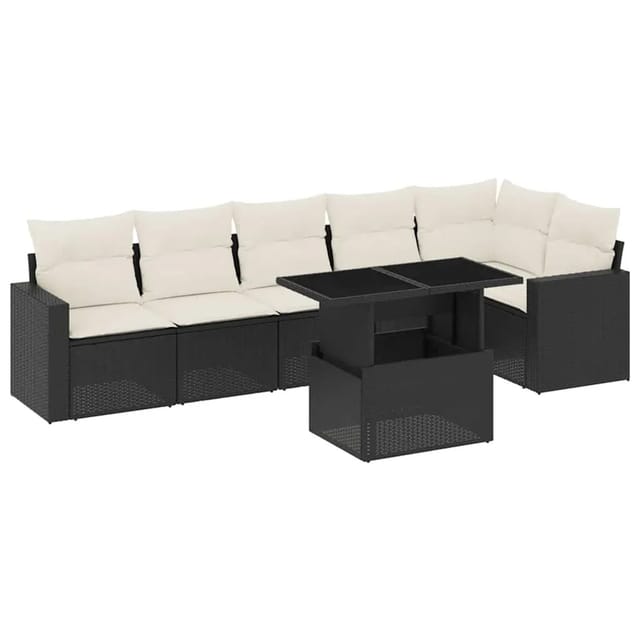 vidaXL 7-Tlg Garten-Sofagarnitur mit Kissen Schwarz Poly Rattan 3267286