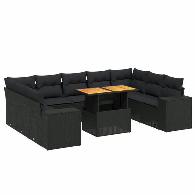 vidaXL 10-Tlg Garten-Sofagarnitur mit Kissen Schwarz Poly Rattan 3272777