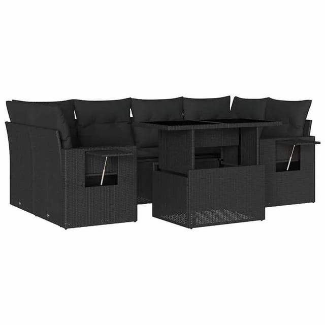 vidaXL 7-Tlg Garten-Sofagarnitur mit Kissen Schwarz Poly Rattan 3267755