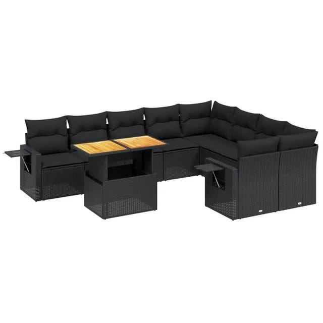 vidaXL 10-Tlg Garten-Sofagarnitur mit Kissen Schwarz Poly Rattan 3271909