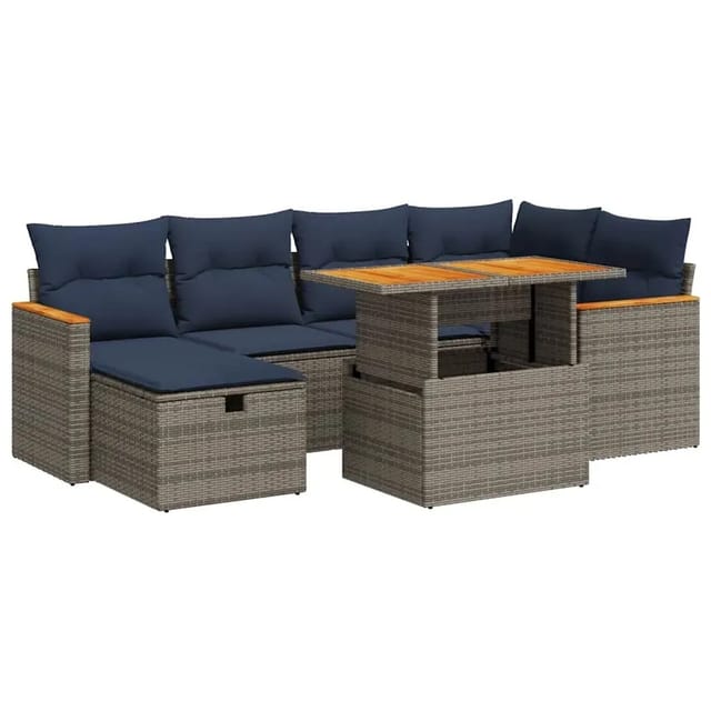 vidaXL 7-Tlg Garten-Sofagarnitur mit Kissen Grau Poly Rattan 3328118