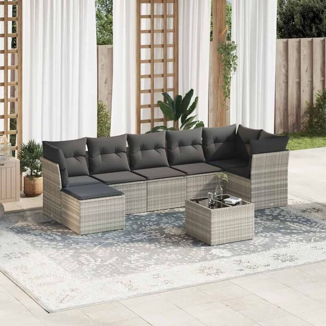 vidaXL 8-Tlg Garten-Sofagarnitur mit Kissen Hellgrau Poly Rattan 3249821