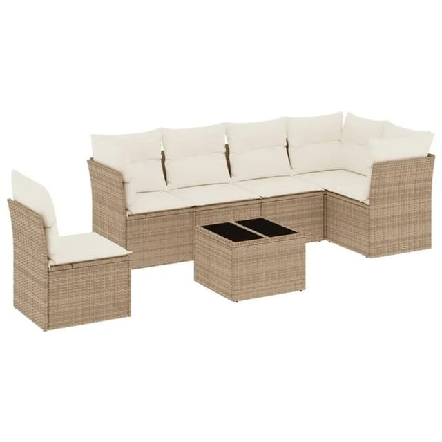 vidaXL 7-Tlg Garten-Sofagarnitur mit Kissen Beige Poly Rattan 3249547