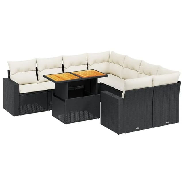 vidaXL 9-Tlg Garten-Sofagarnitur mit Kissen Schwarz Poly Rattan 3271238