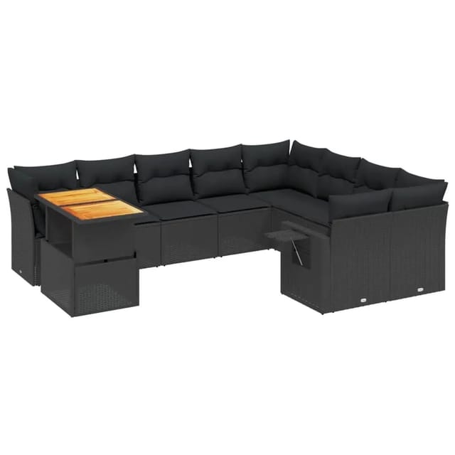 vidaXL 10-Tlg Garten-Sofagarnitur mit Kissen Schwarz Poly Rattan 3271916
