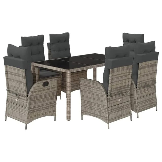 vidaXL 7-Tlg Garten-Essgruppe mit Kissen Grau Poly Rattan 3213080