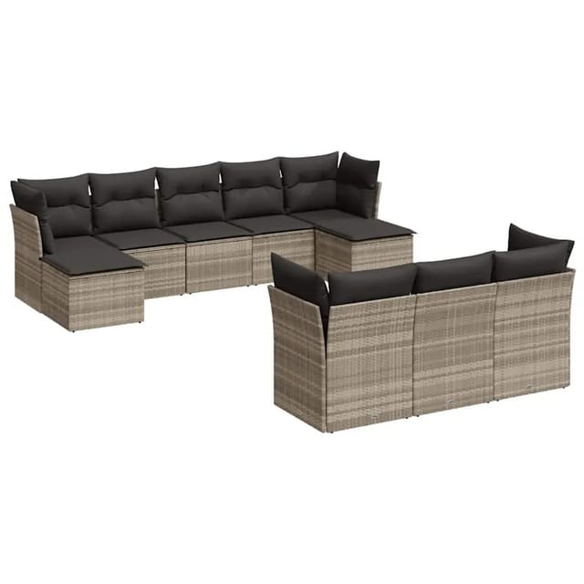 vidaXL 10-Tlg Garten-Sofagarnitur mit Kissen Hellgrau Poly Rattan 3250171