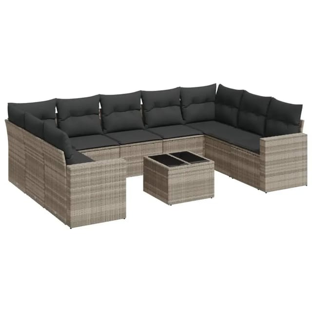 vidaXL 10-Tlg Garten-Sofagarnitur mit Kissen Hellgrau Poly Rattan 3219402