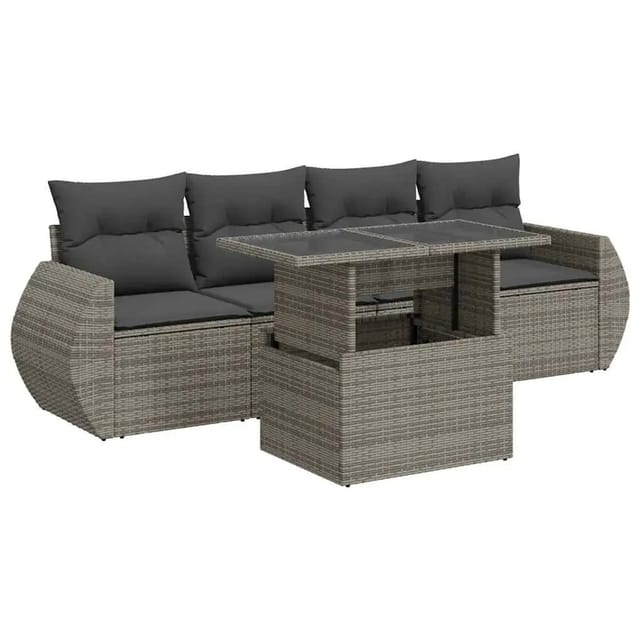 vidaXL 5-Tlg Garten-Sofagarnitur mit Kissen Grau Poly Rattan 3326561