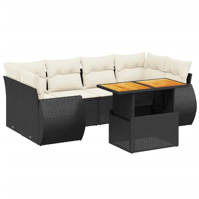 vidaXL 7-Tlg Garten-Sofagarnitur mit Kissen Schwarz Poly Rattan 3272092