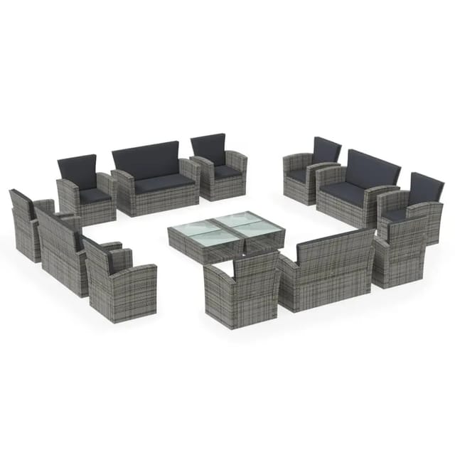 vidaXL 16-Tlg Garten-Lounge-Set mit Kissen Poly-Rattan Grau 3095946