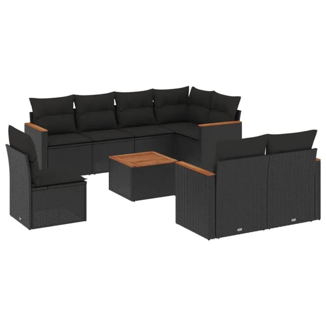 vidaXL 9-Tlg Garten-Sofagarnitur mit Kissen Schwarz Poly Rattan 3226167