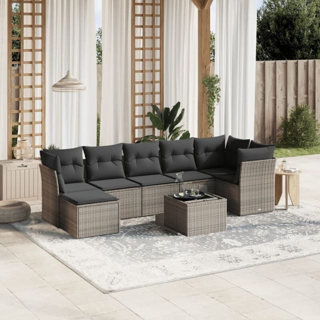 vidaXL 8-Tlg Garten-Sofagarnitur mit Kissen Hellgrau Poly Rattan 3263208