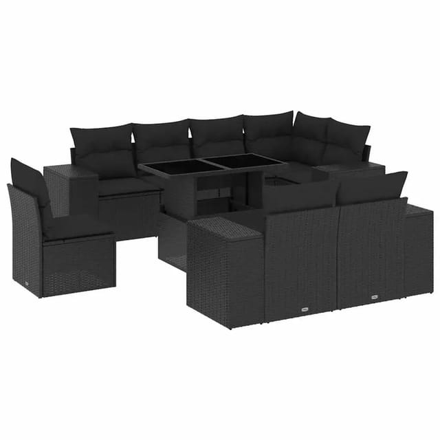vidaXL 9-Tlg Garten-Sofagarnitur mit Kissen Schwarz Poly Rattan 3269295