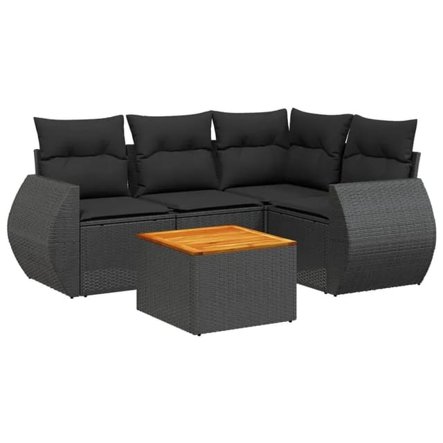 vidaXL 5-Tlg Garten-Sofagarnitur mit Kissen Schwarz Poly Rattan 3257315