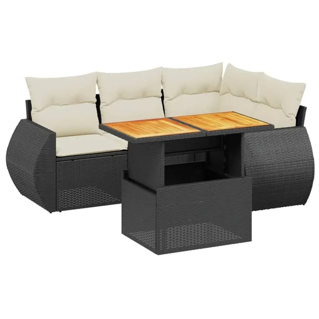 vidaXL 5-Tlg Garten-Sofagarnitur mit Kissen Schwarz Poly Rattan 3272176