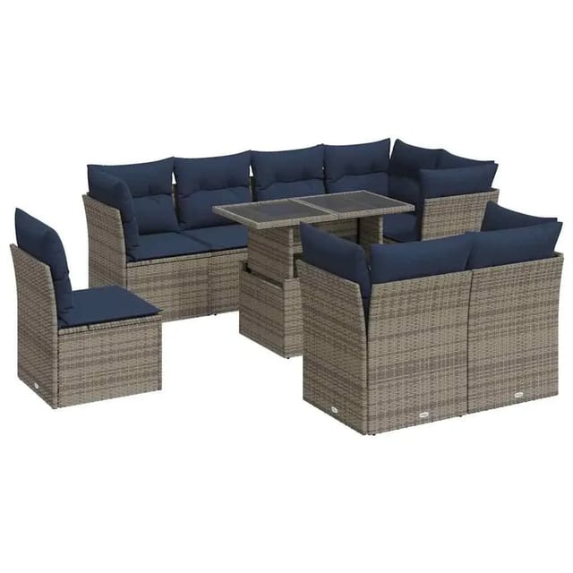 vidaXL 9-Tlg Garten-Sofagarnitur mit Kissen Grau Poly Rattan Akazie 3326182