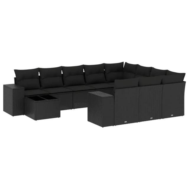 vidaXL 11-Tlg Garten-Sofagarnitur mit Kissen Schwarz Poly Rattan 3223124