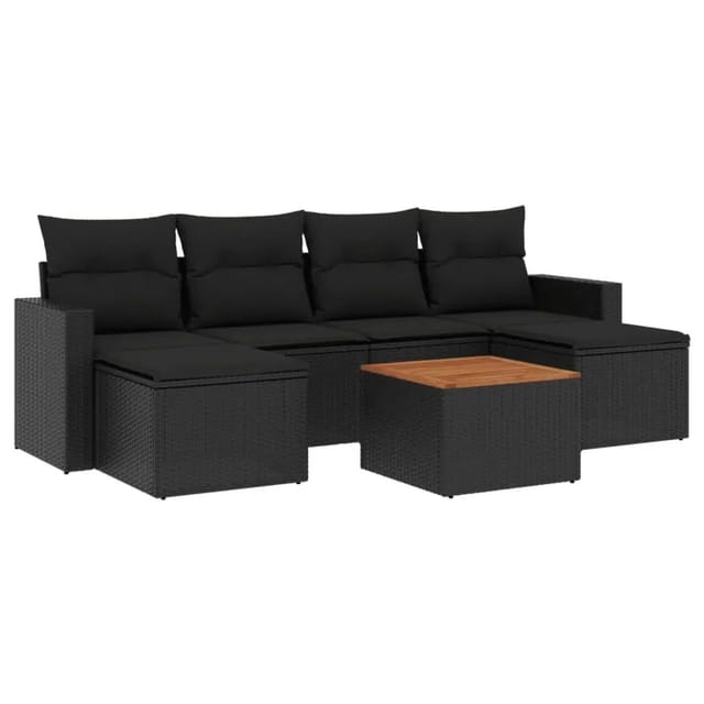 vidaXL 7-Tlg Garten-Sofagarnitur mit Kissen Schwarz Poly Rattan 3256573