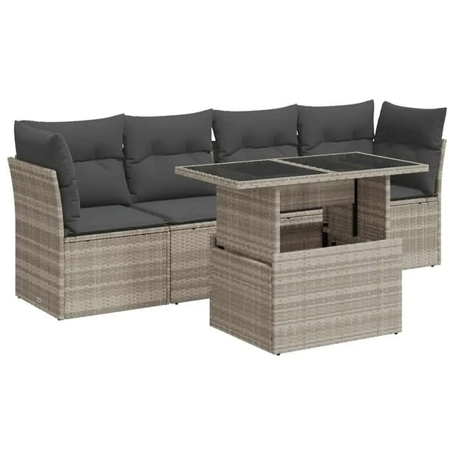 vidaXL 5-Tlg Garten-Sofagarnitur mit Kissen Hellgrau Poly Rattan 3326093