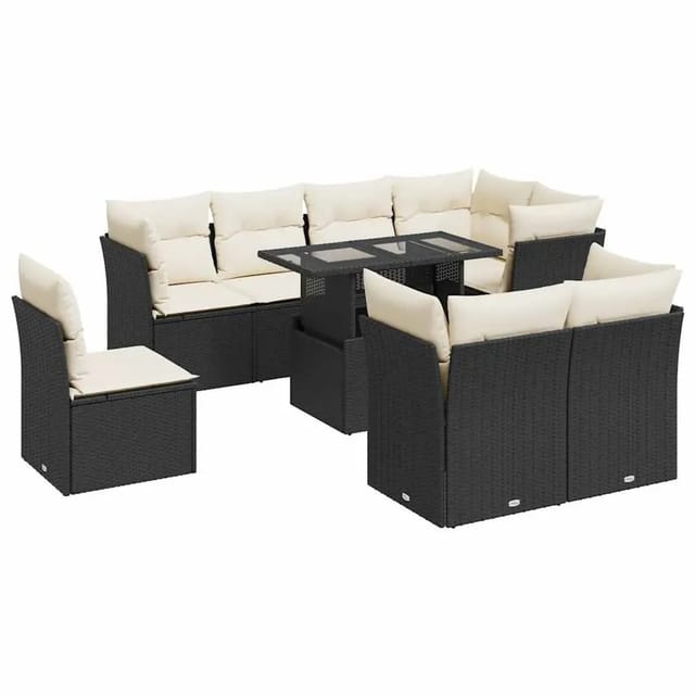 vidaXL 9-Tlg Garten-Sofagarnitur mit Kissen Schwarz Poly Rattan 3326177