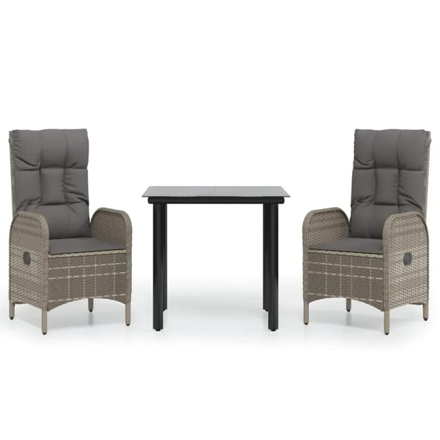 vidaXL 3-Tlg Garten-Essgruppe mit Kissen Schwarz und Grau Poly Rattan 3185197