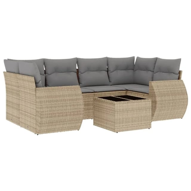 vidaXL 7-Tlg Garten-Sofagarnitur mit Kissen Beige Poly Rattan 3253456