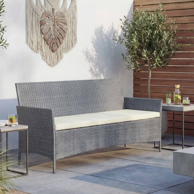 MCW 3-Sitzer Poly-Rattan Gartenbank Hamar Grau Kissen Creme