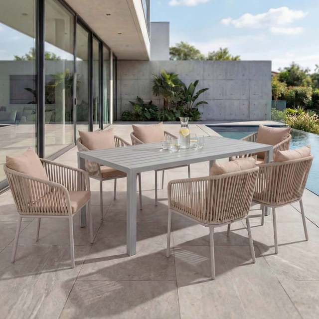 MCW Gartengarnitur N41 7-teilig Hellgrau Kissen Taupe