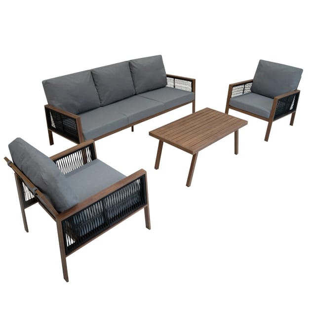 Jardi 4-Teilige Aluminium-Sofagarnitur mit Schwarzer Rattan-Aufbewahrungsbox Holz