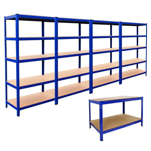 Monstershop 4x T-Rax Lagerregal 90cm Blau & Q-Rax Werkbank 120cm Blau im Set