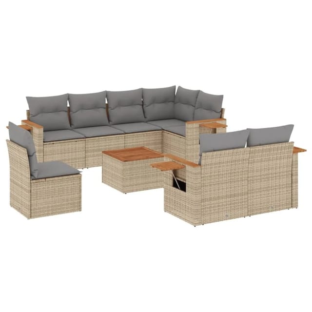 vidaXL 9-Tlg Garten-Sofagarnitur mit Kissen Beige Poly Rattan 3227011