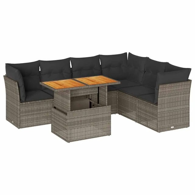 vidaXL 7-Tlg Garten-Sofagarnitur mit Kissen Grau Poly Rattan 3326937