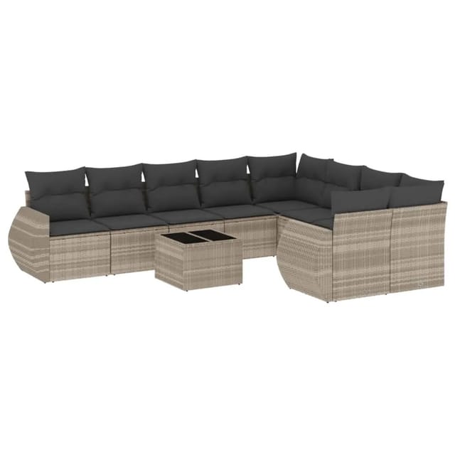 vidaXL 10-Tlg Garten-Sofagarnitur mit Kissen Hellgrau Poly Rattan 3254189