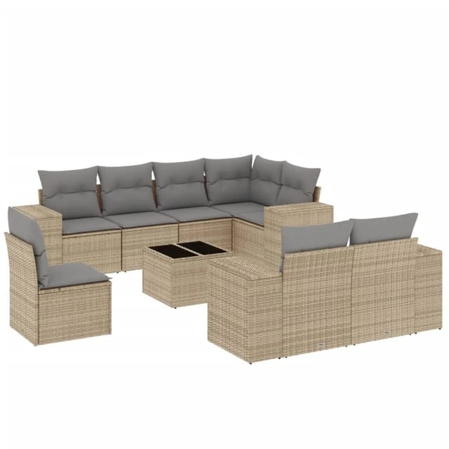 vidaXL 9-Tlg Garten-Sofagarnitur mit Kissen Beige Poly Rattan 3255186