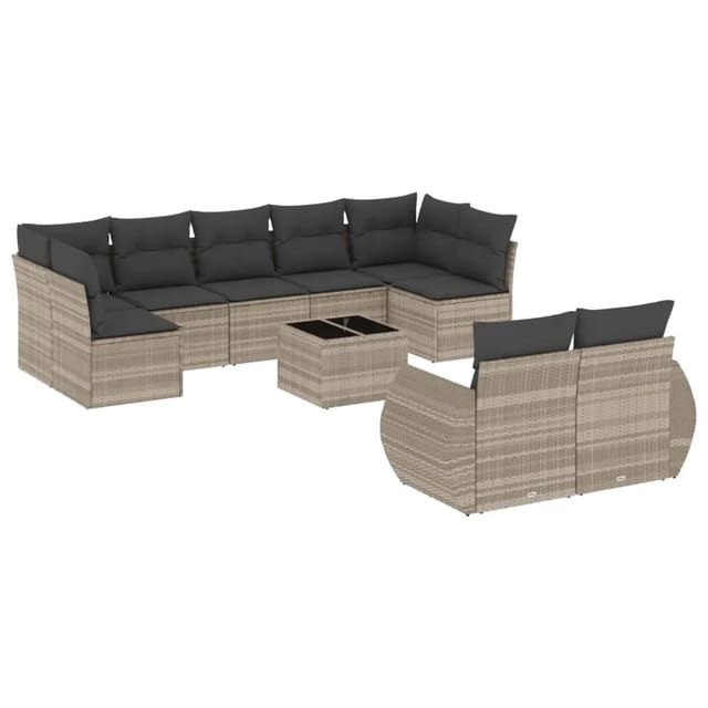 vidaXL 10-Tlg Garten-Sofagarnitur mit Kissen Hellgrau Poly Rattan 3254169