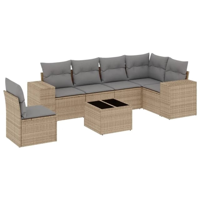 vidaXL 7-Tlg Garten-Sofagarnitur mit Kissen Beige Poly Rattan 3254976