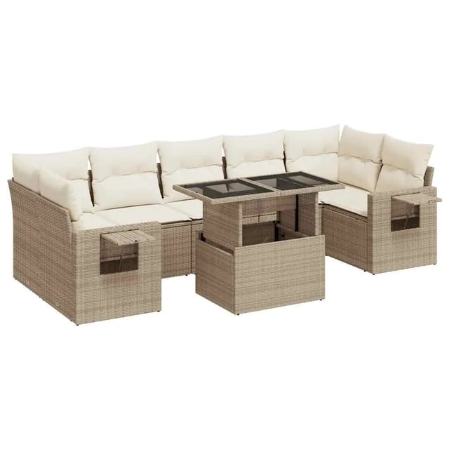 vidaXL 8-Tlg Garten-Sofagarnitur mit Kissen Beige Poly Rattan 3326439
