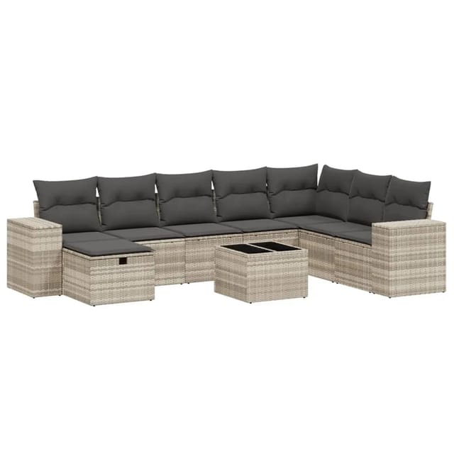 vidaXL 9-Tlg Garten-Sofagarnitur mit Kissen Hellgrau Poly Rattan 3264528